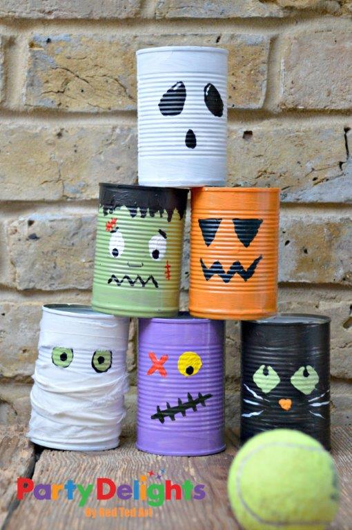 Tin cans decorated for Halloween