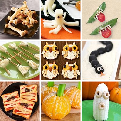 Square collage of healthy Halloween snack foods