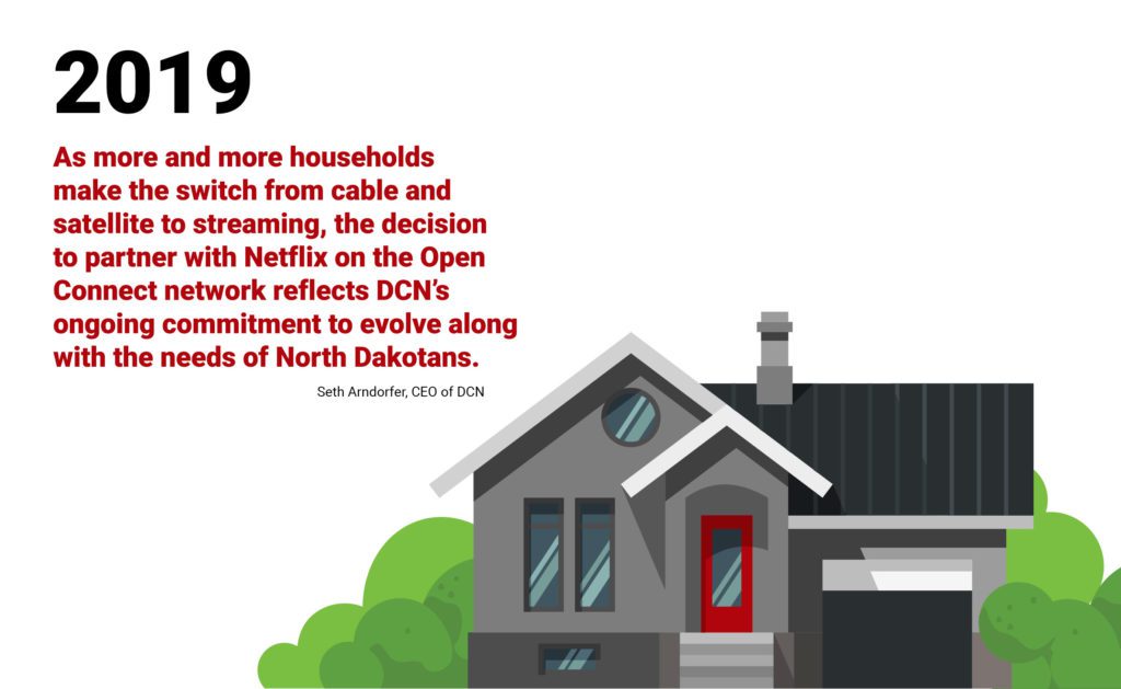 2019 As more and more households make the switch from cable and satellite to streaming, the decision to partner with Netflix on the Open Connect network reflects DCN's ongoing commitment to evolve along with the needs of North Dakotans. - Seth Arndorfer, CEO of DCN