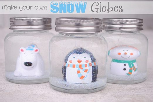 Do it yourself holiday snow globes in jars with winter toys inside.