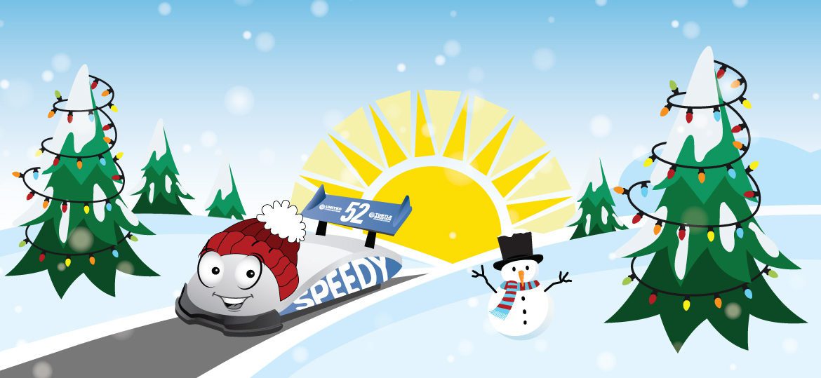Illustration of Speedy in winter scene.