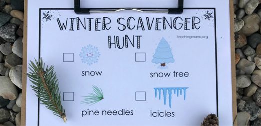 Winter Scavenger Hunt sheet of paper on clipboard.
