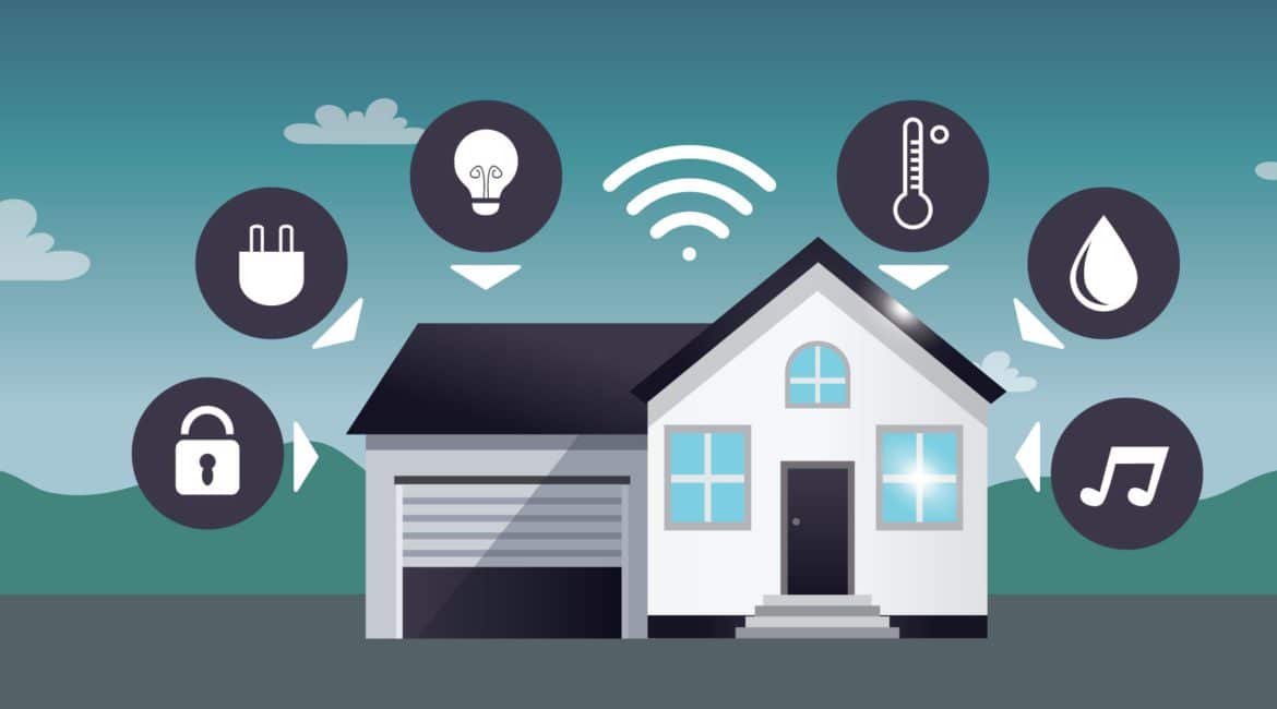 Illustration of home with icons of home objects hovering over it.