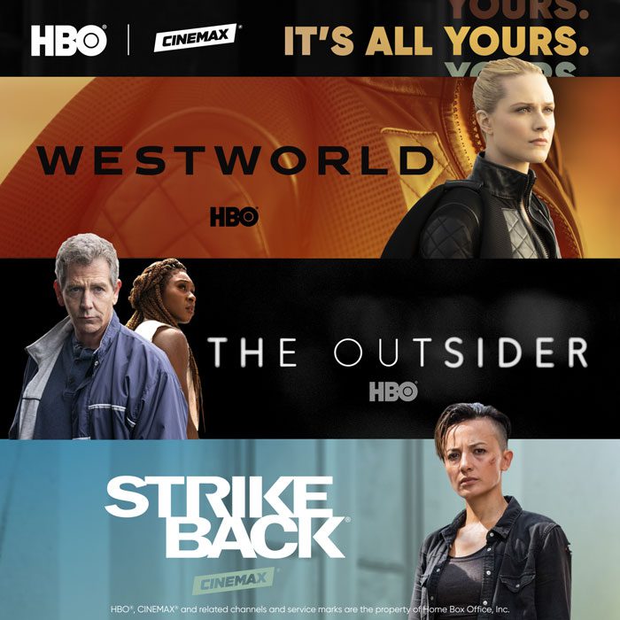 HBO and Cinemax promo featuring Westworld, The Outsider, and Strike Back.