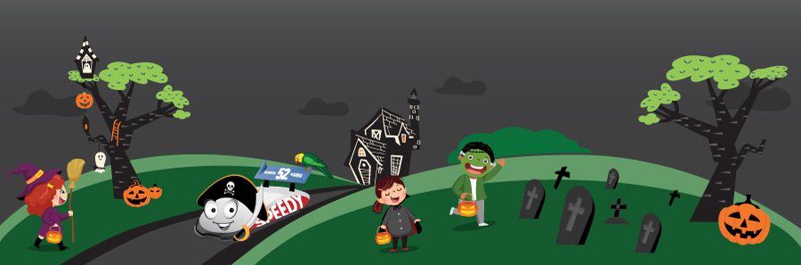 Halloween illustration of young kids walking around on Halloween night.