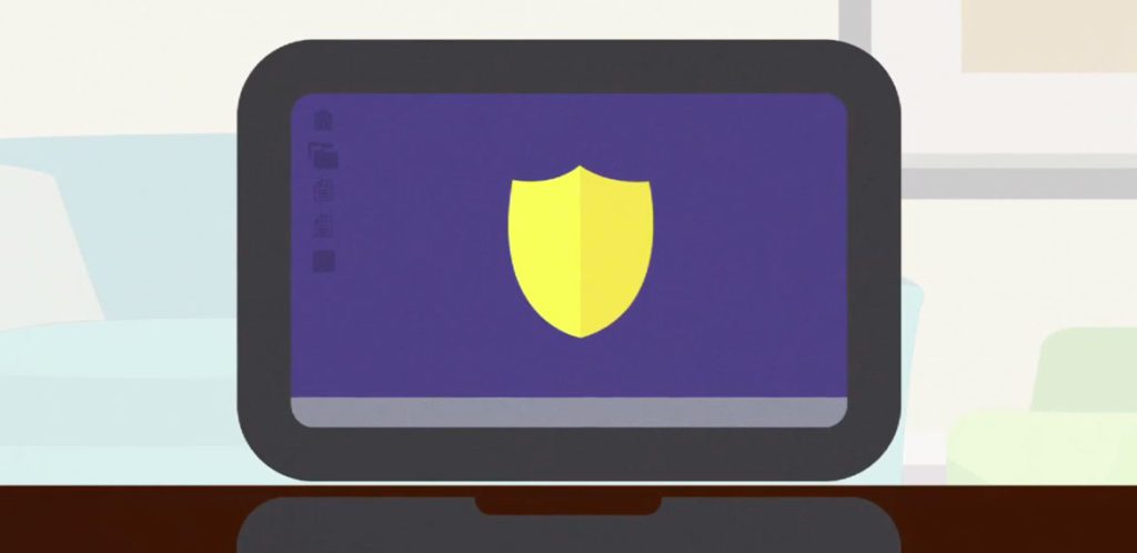 : Illustration of computer screen with shield icon.