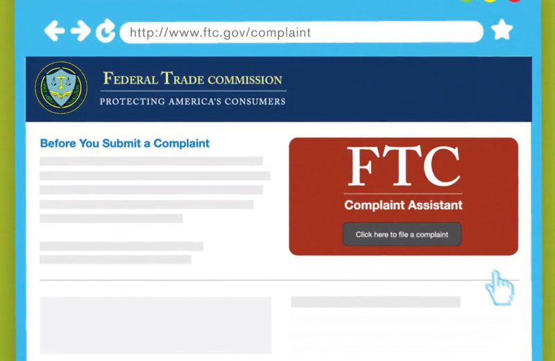 Illustration of FTC website page for filing a complaint.