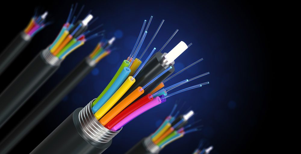 A close-up of colorful fiber-optic cables