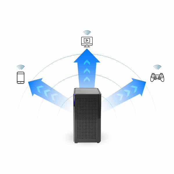 Artist's rendering of a router sending wireless signals to a variety of devices.