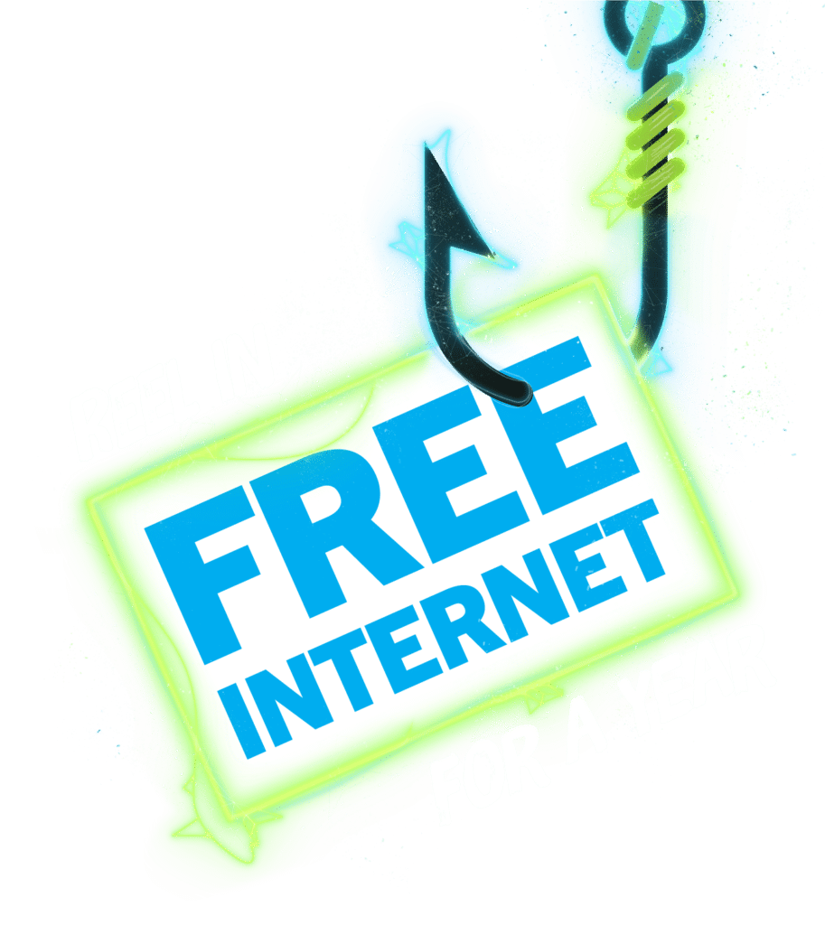 Neon green–blue badge reading 'FREE INTERNET' with a power plug graphic, promoting a year-long offer.