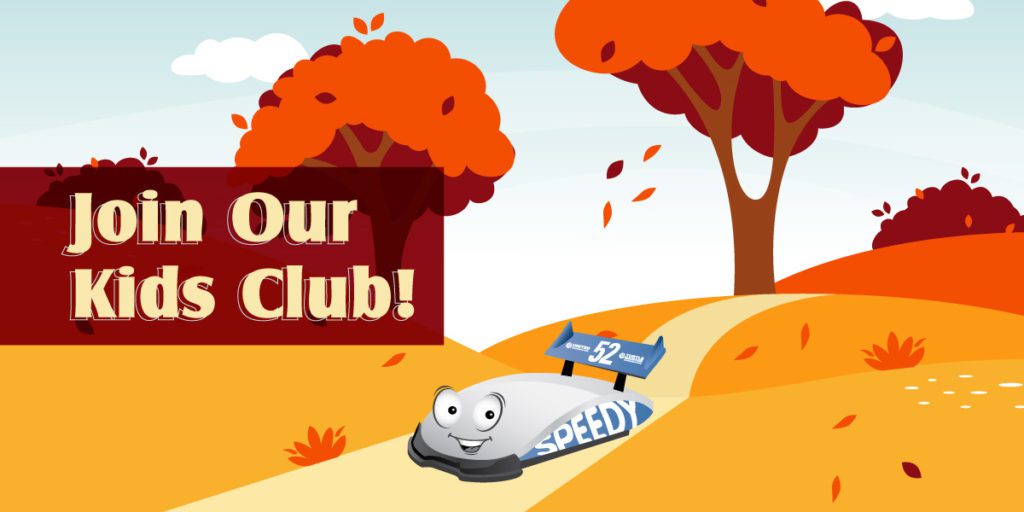 A autumn-themed graphic showing Speedy, the Kids Club mascot, with text that says "Join Our Kids Club!"