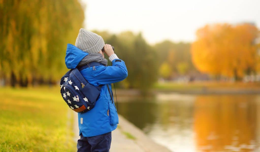 A young boy bird watching along a river during autumn